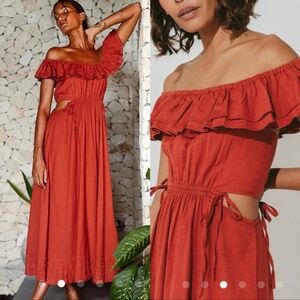 NEW CLEOBELLA Daria Midi Cut Out Sides Dress in deep brick Cotton/Linen